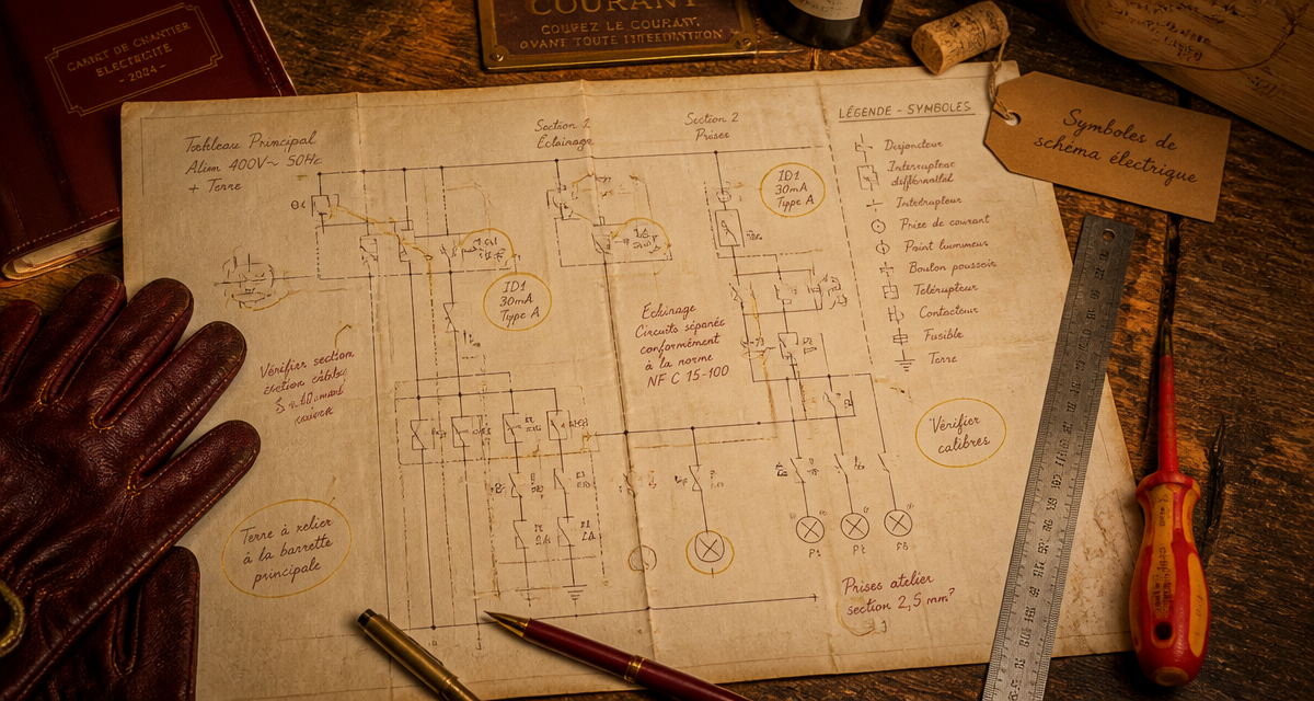 Symbole schéma électrique sur plan annoté