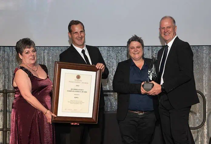 KWV Duimpie Bayly Veritas Vertex Trophy Elsabé Ferreira (Veritas organiser and marketer)_ Justin Corrans and Izele van Blerk (KWV)_ and Christo Pienaar (Chair of Veritas)