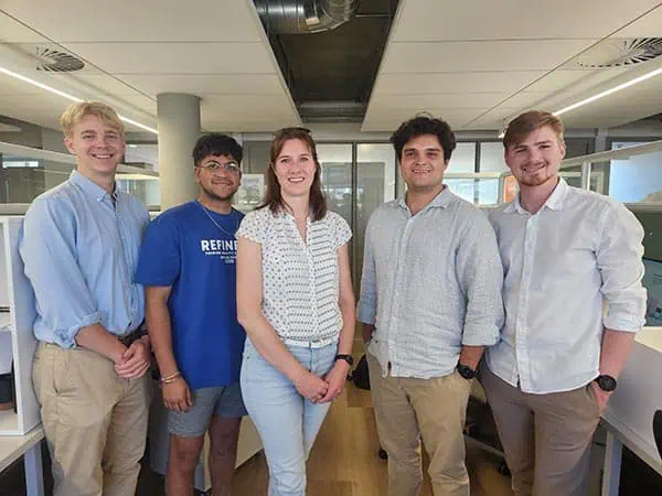 The first cohort of students in the Data Science Programme at Stellenbosch University (SU) graduated this week. This group, which graduated in the Computer Science focal area, were mentored by Debbie Vigario, Head of Engineering at the Shoprite Group’s Data Analytics Office. The students are, from left to right, Dirk Hoffmann, Shriyan Singh, Steffan Schoonbee, and Günther Tonitz. Franco Uys was absent when the photo was taken.  Image: Wiida Fourie-Basson