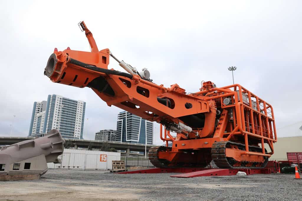 The Next Generation Crawler (NGC) positioned at the L-Berth in Cape Town harbour undergoing final testing before installation.