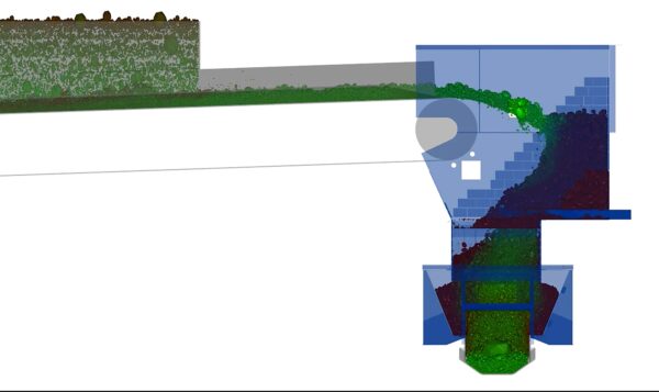 DEM simulation of a conventional chute showing particle flow paths and predicted high-wear zones.