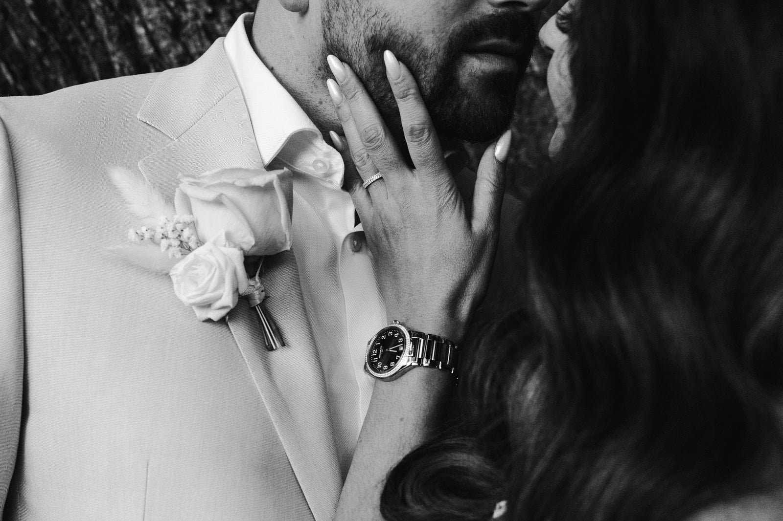 Black and white bride groom close-up taken by East London wedding photographer for people who don't like having their photos taken - candid documentary fly on the wall uk photographer