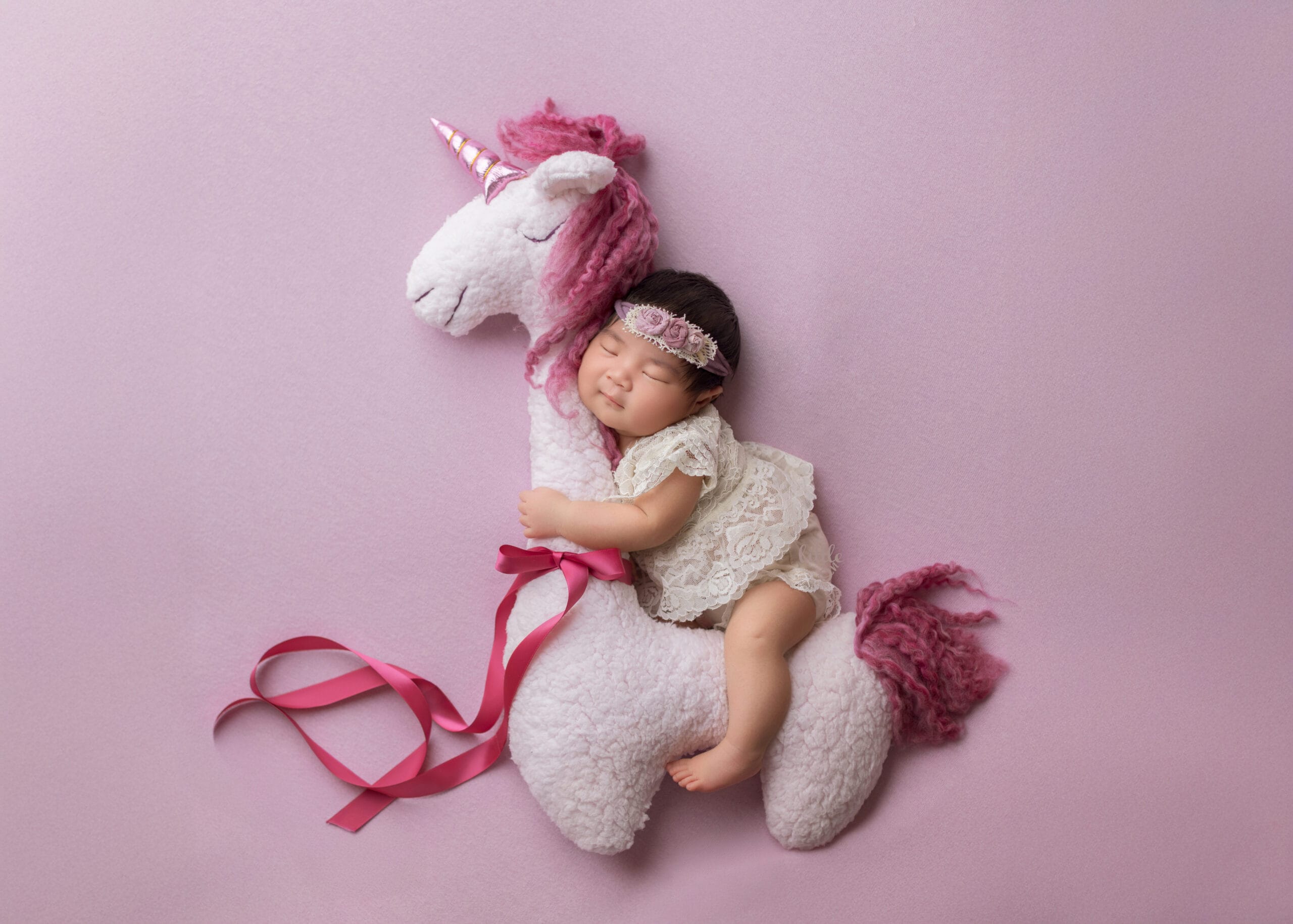 Newborn photography in Edmonton with baby girl sitting on a unicorn