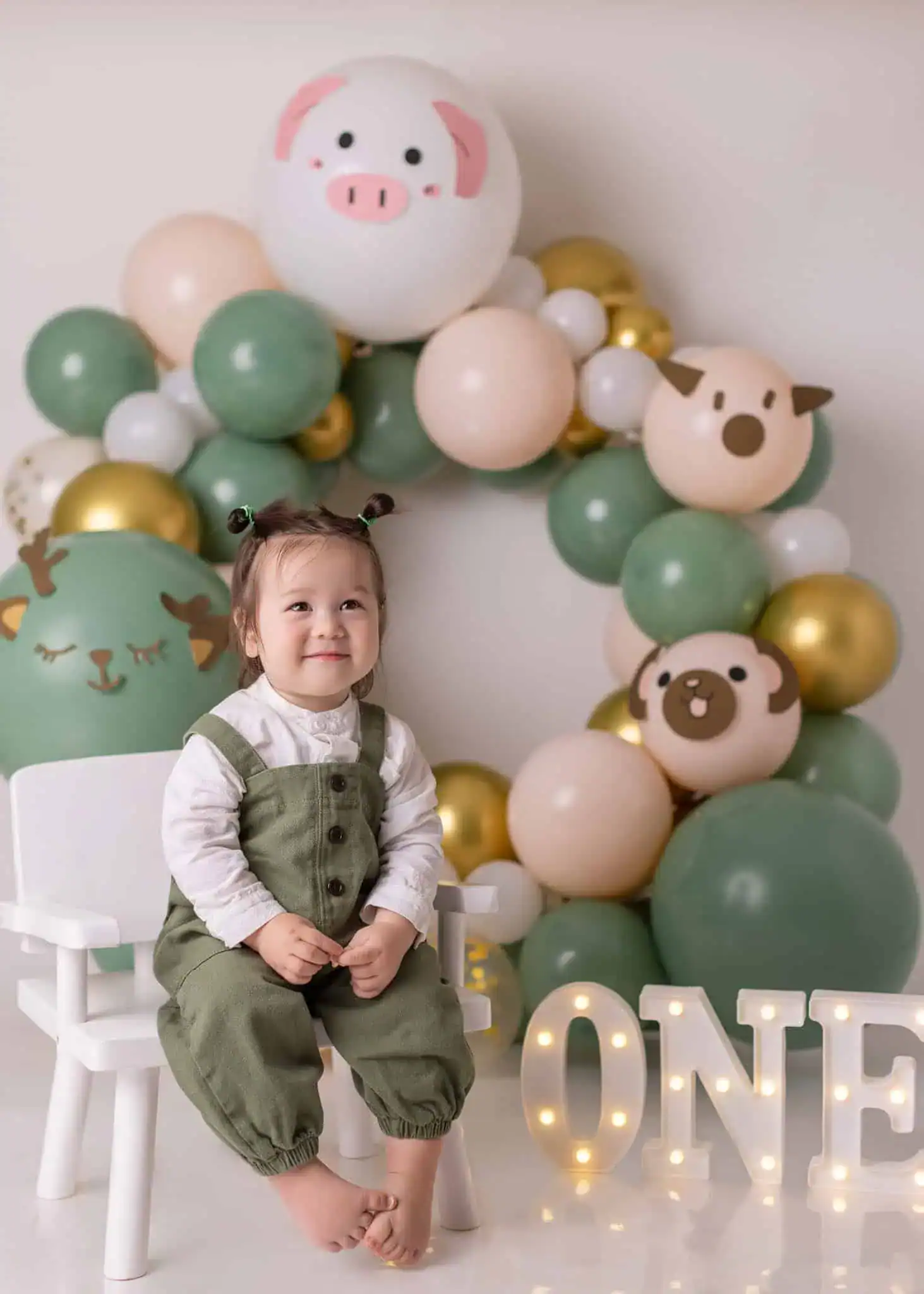 Edmonton boy cake smash theme idea with green bollons and cute animals