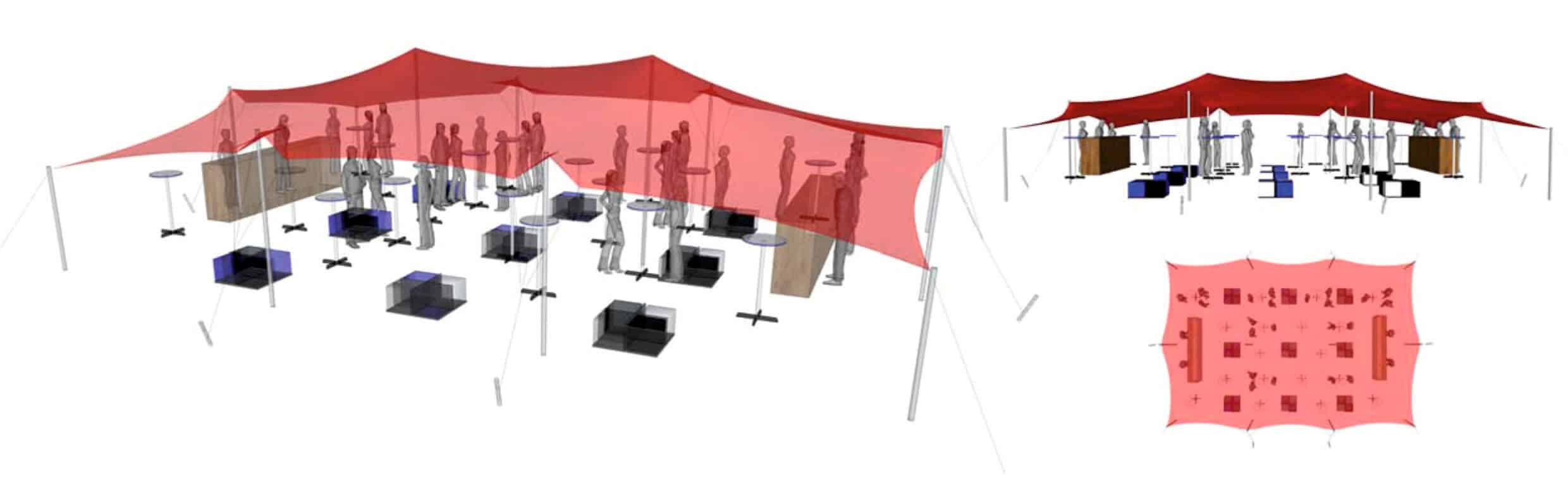Stretch paviljonas 150 m² festivaliams - kokteilinis išdėstymas