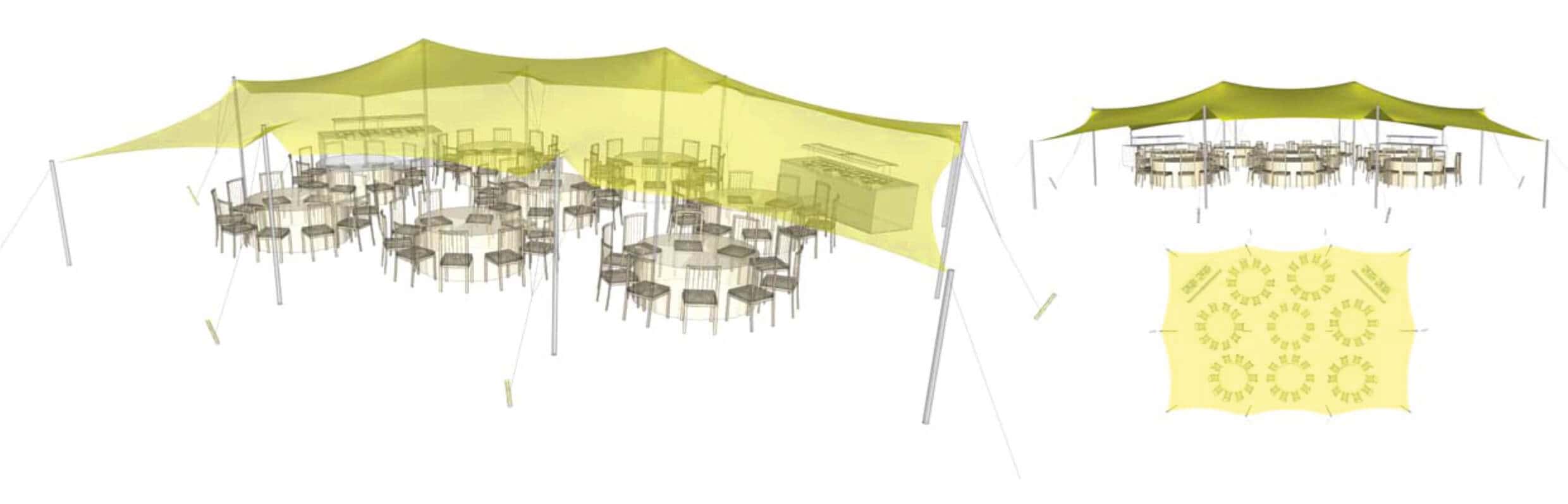 Stretch paviljonas 150 m² vestuvėms - apvalių stalų išdėstymas