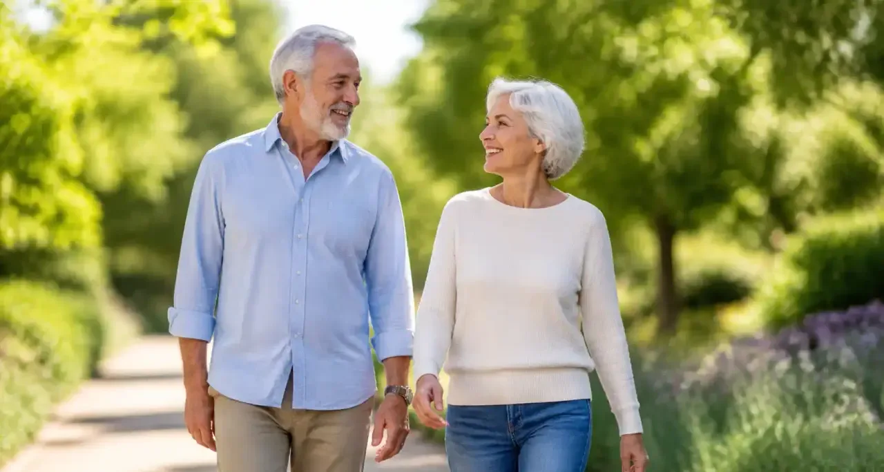 Un couple de seniors marche dans un parc en soignant sa posture