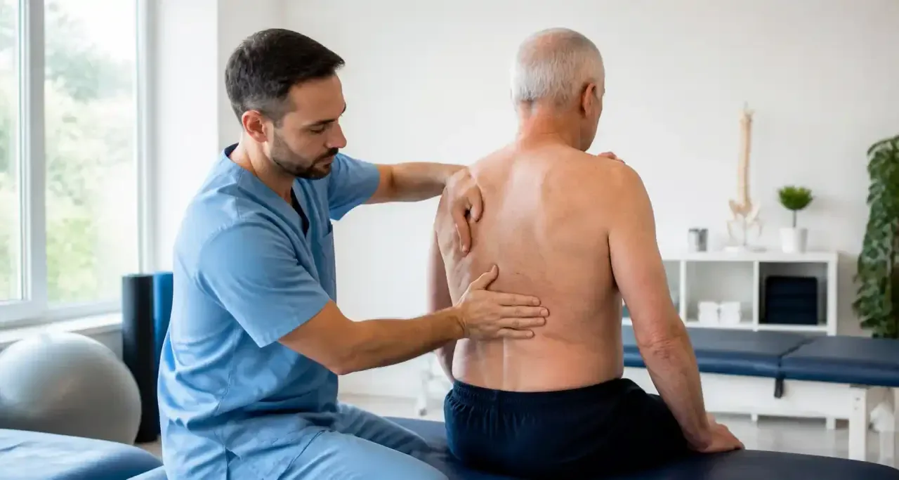 Kinésithérapeute examinant le dos d'un patient en cabinet