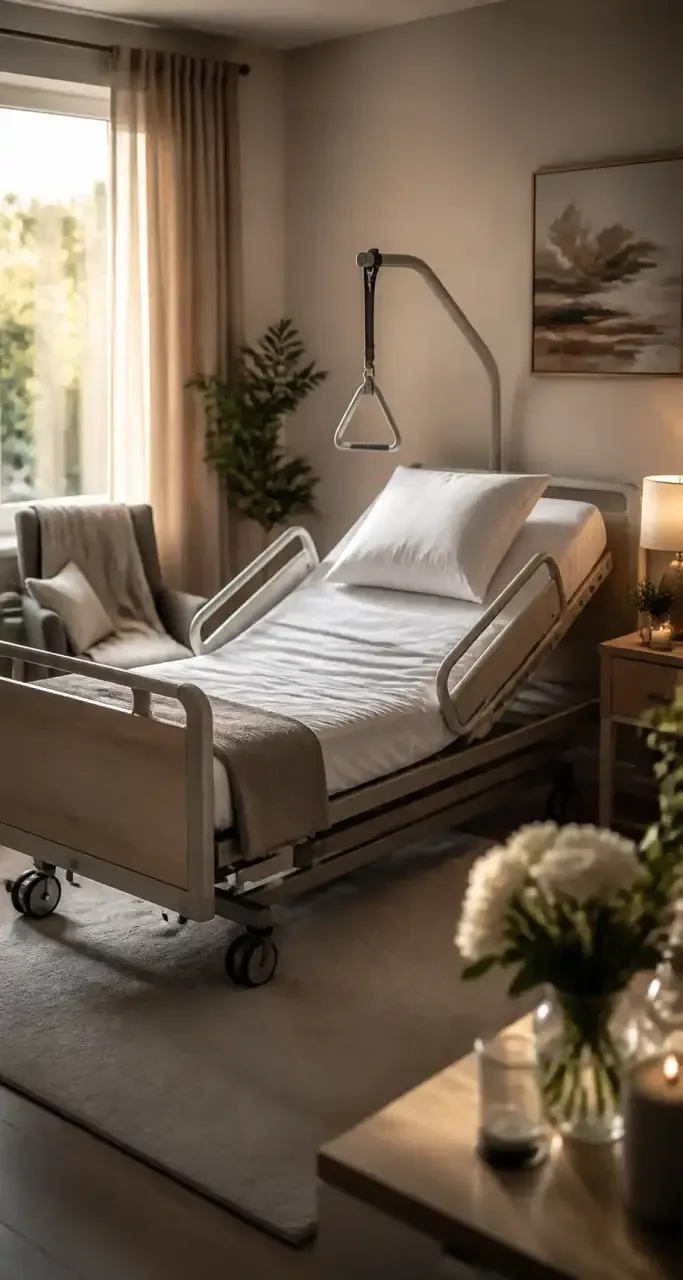 Lit médicalisé installé dans une chambre au domicile d'un senior