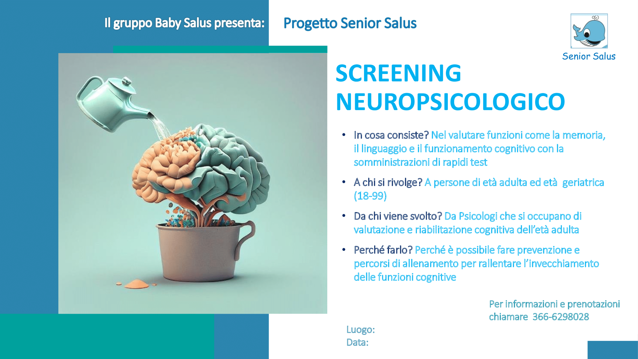 Volantino informativo che illustra un cervello che germoglia da una tazza irrigato da una teiera, con dettagli sullo screening neuropsicologico.