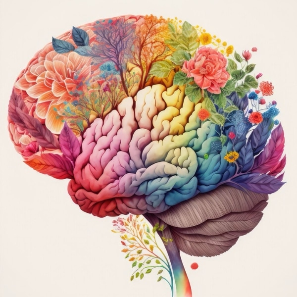 Cervello umano stilizzato che si trasforma in un rigoglioso giardino fiorito con foglie colorate e rami su fondo neutro.
