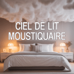 Ciel de lit moustiquaire blanc sur lit double élégant