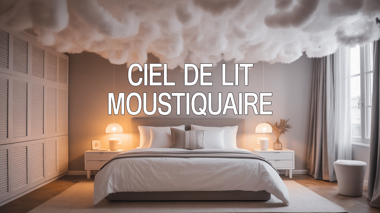 Ciel de lit moustiquaire blanc sur lit double élégant
