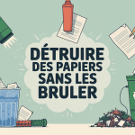 Scène montrant comment détruire des papiers sans les brûler, avec déchiqueteuse, ciseaux, eau et composteur