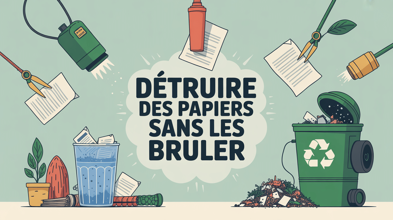 Scène montrant comment détruire des papiers sans les brûler, avec déchiqueteuse, ciseaux, eau et composteur