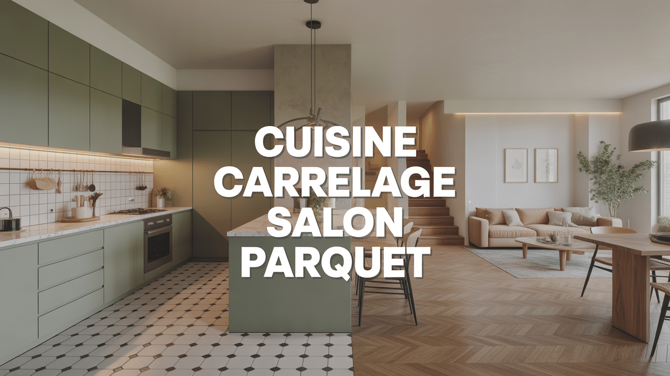 Vue cuisine carrelage salon parquet transition harmonieuse contemporaine