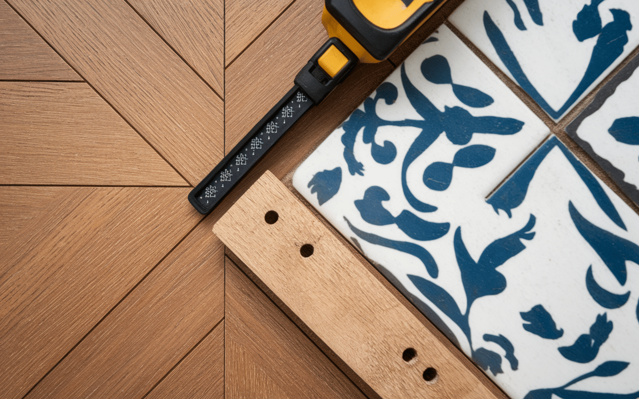 Détails pose carrelage salon parquet seuil technique esthétisme