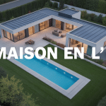 Vue aérienne maison en l contemporaine avec terrasse centrale