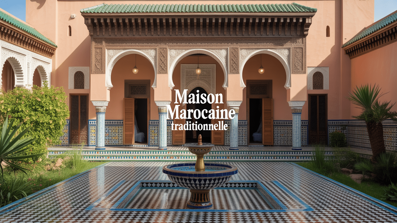 Vue maison marocaine traditionnelle avec patio et fontaine