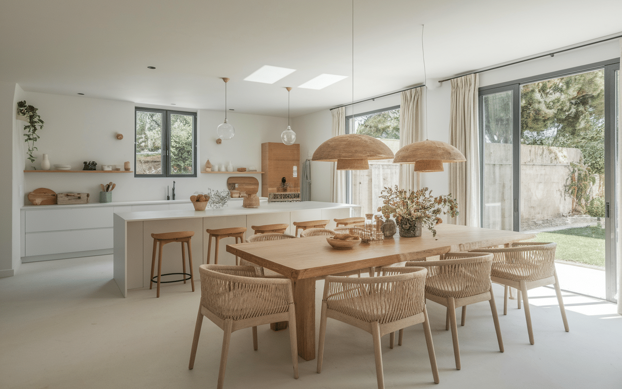 Intérieur maison style italienne lumineux cuisine ouverte poutres bois