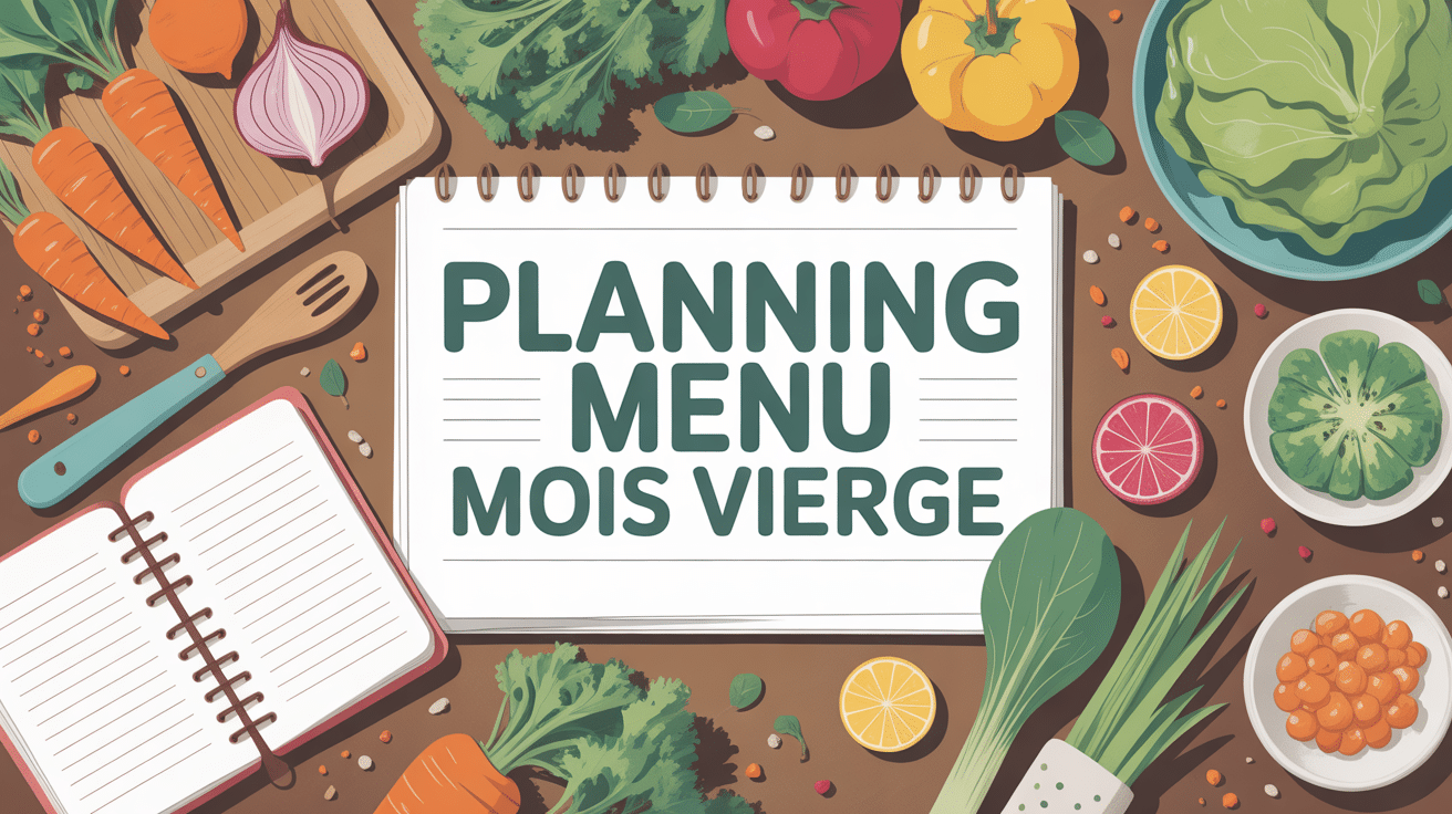 planning menu mois vierge sur table cuisine avec légumes