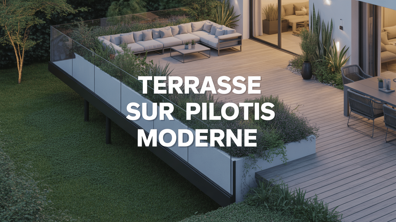 Terrasse sur pilotis moderne bois composite avec garde-corps verre
