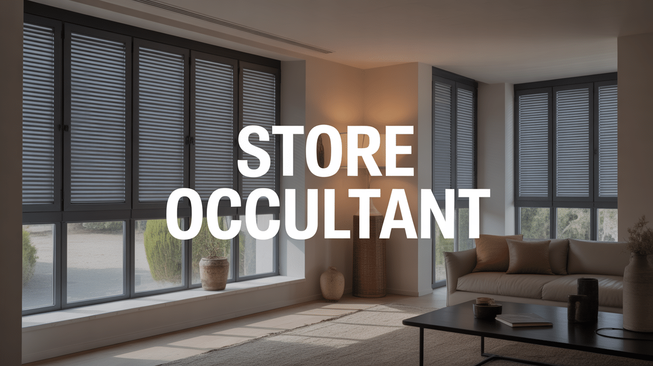 Salon moderne avec store occultant Toiciel gris filtrant la lumière