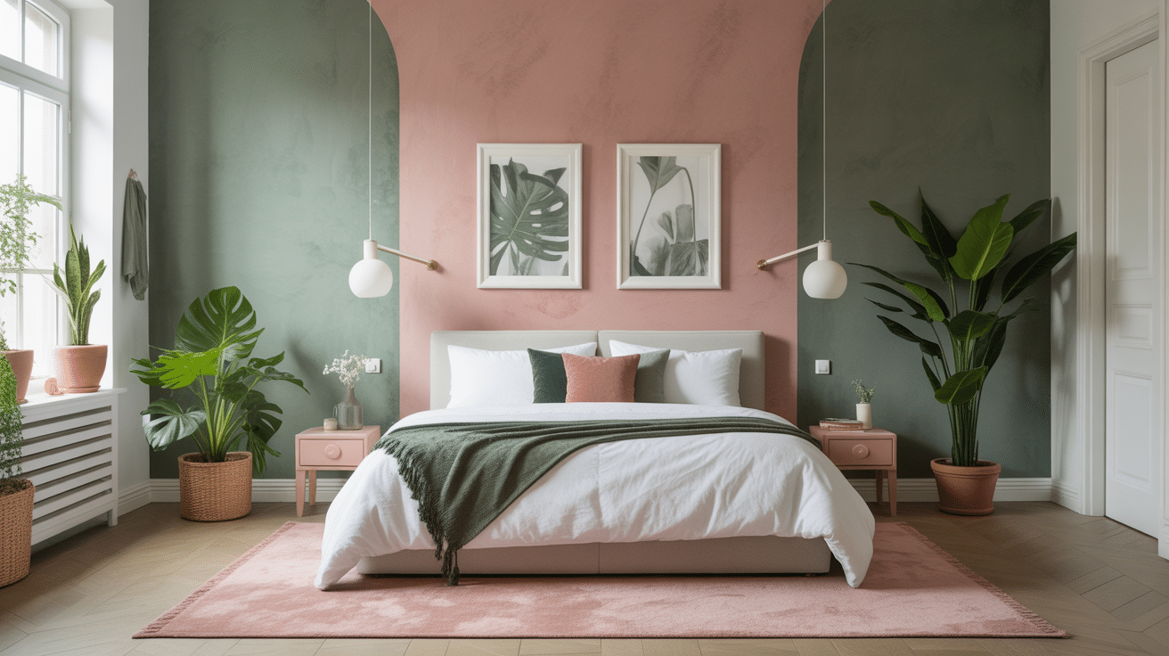 Chambre verte et rose style scandinave avec lit blanc et plantes