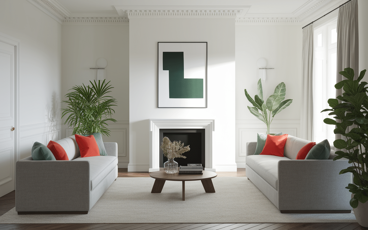 Salon avec cheminée repeinte en blanc mat