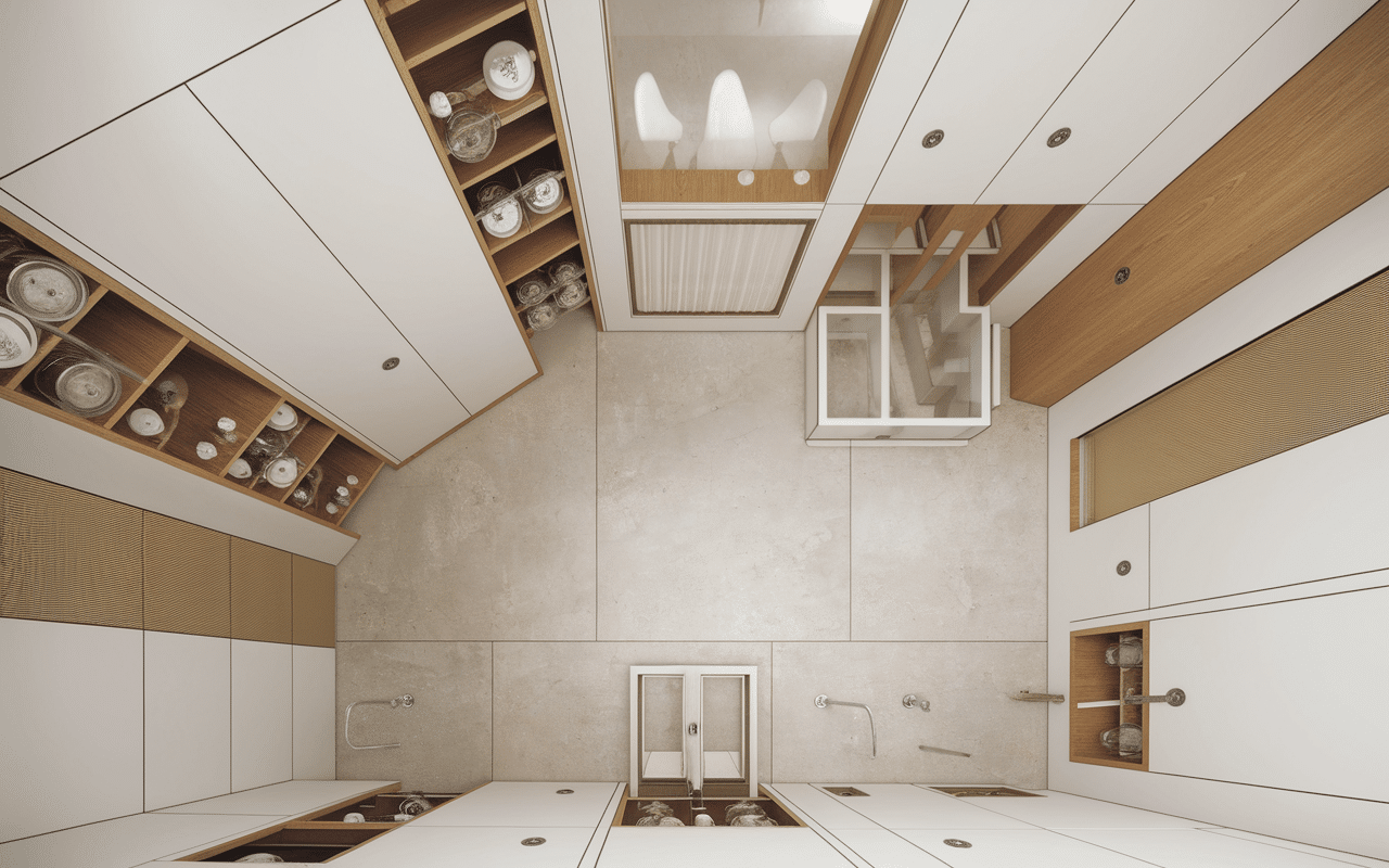 plan dressing dans salle de bain avec armoires et niches