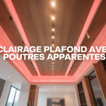 Eclairage plafond poutre apparente avec spots LED et rubans lumineux