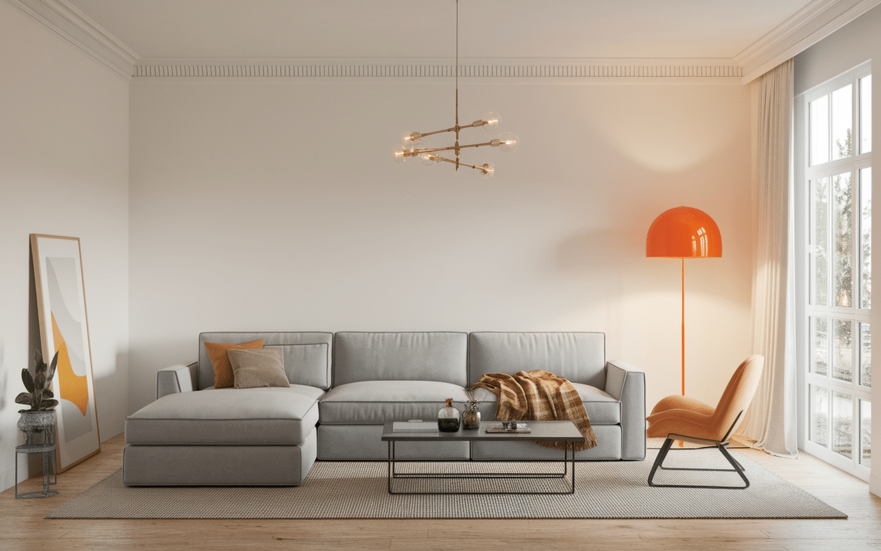 Salon moderne avec lampe année 70 orange point focal