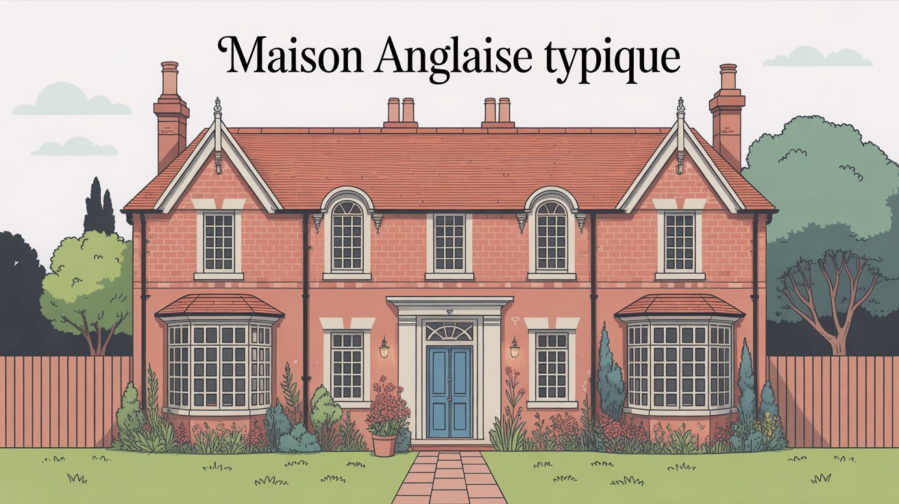 maison anglaise typique illustration façade brique bow-windows jardin