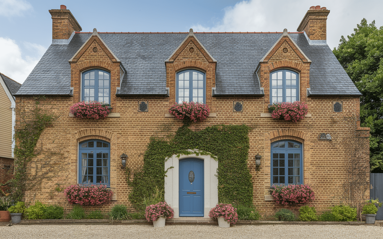 maison anglaise typique repères façade brique bow-windows