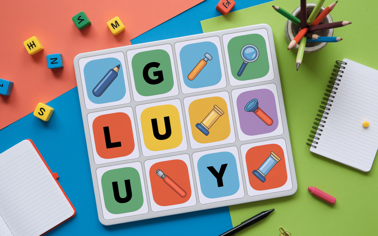 jeu de lettres objets en l luge luth loupe lustre