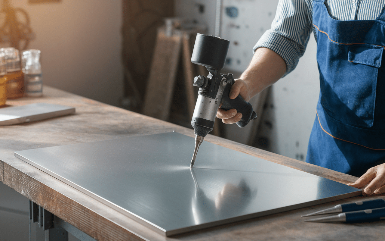 application ral 2900 sablé atelier peinture panneau metallique