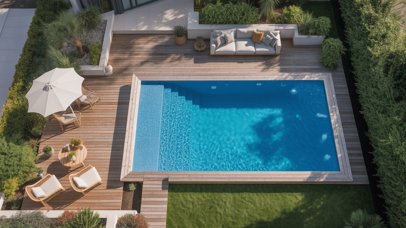 terrasse avec piscine en bois vue aérienne moderne