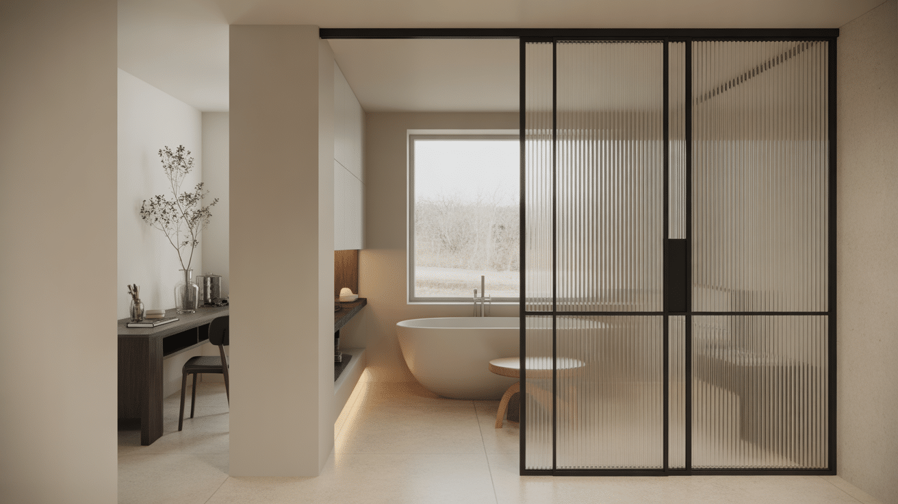 Porte, fenêtre et cloison en verre blanchi dans un espace contemporain