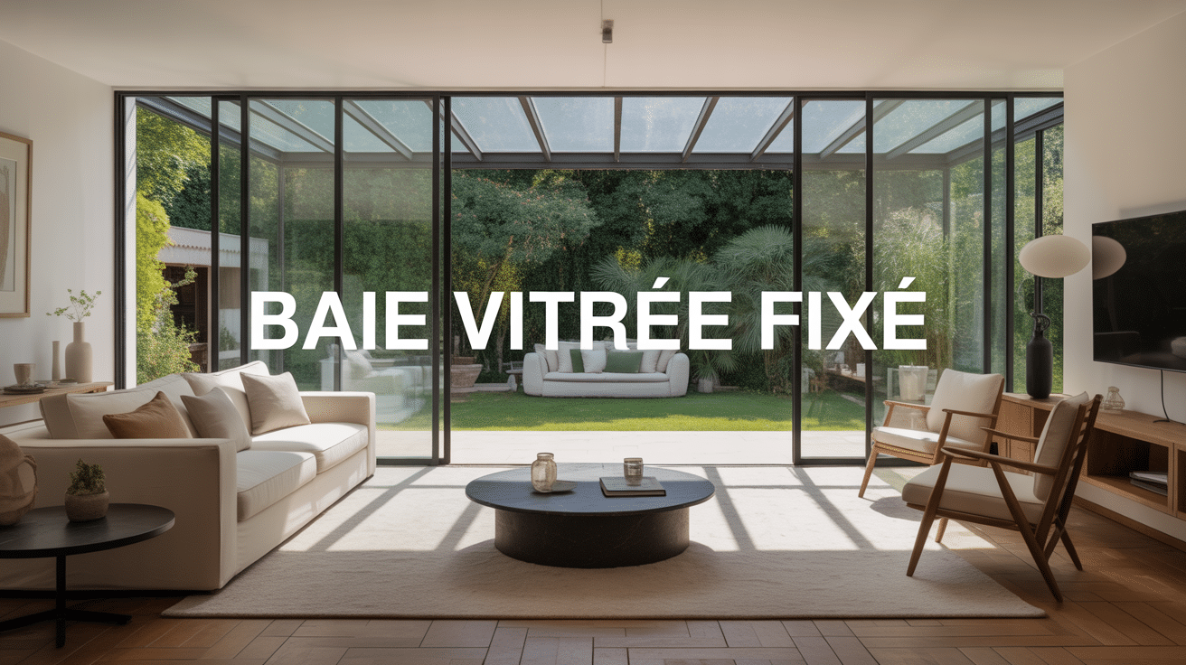 baie vitrée fixe panoramique sur jardin dans salon contemporain