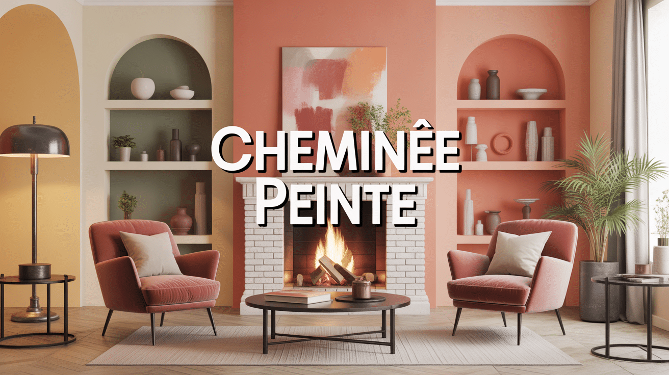 Cheminée peinte blanche, salon moderne, palette de couleurs, fauteuils