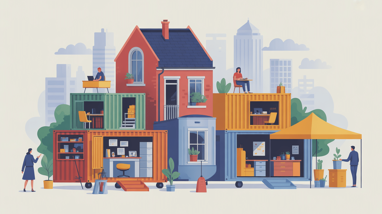 Plusieurs conteneurs aménagés illustrant bureau maison boutique