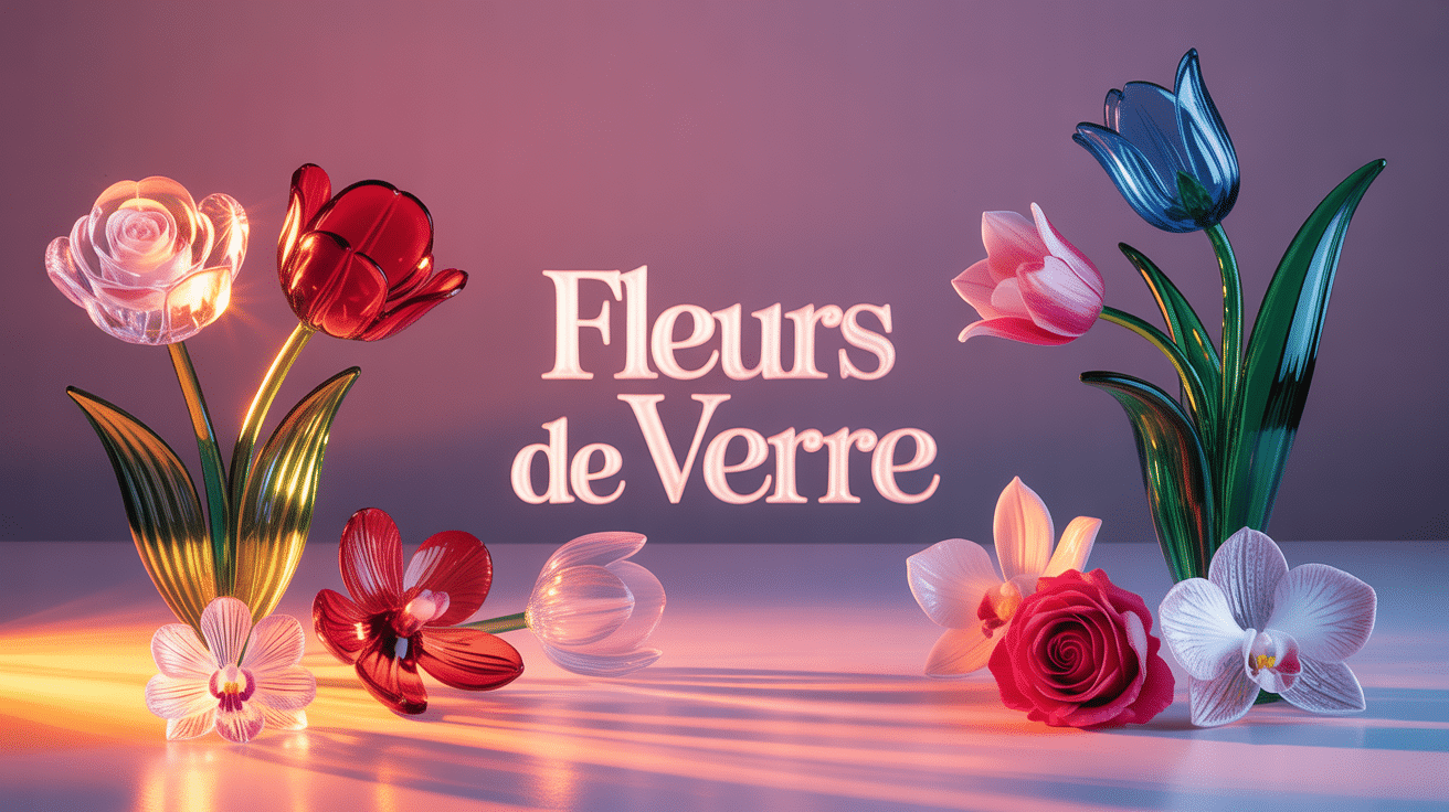 Collection de fleurs de verre cristallin sur fond réfléchissant
