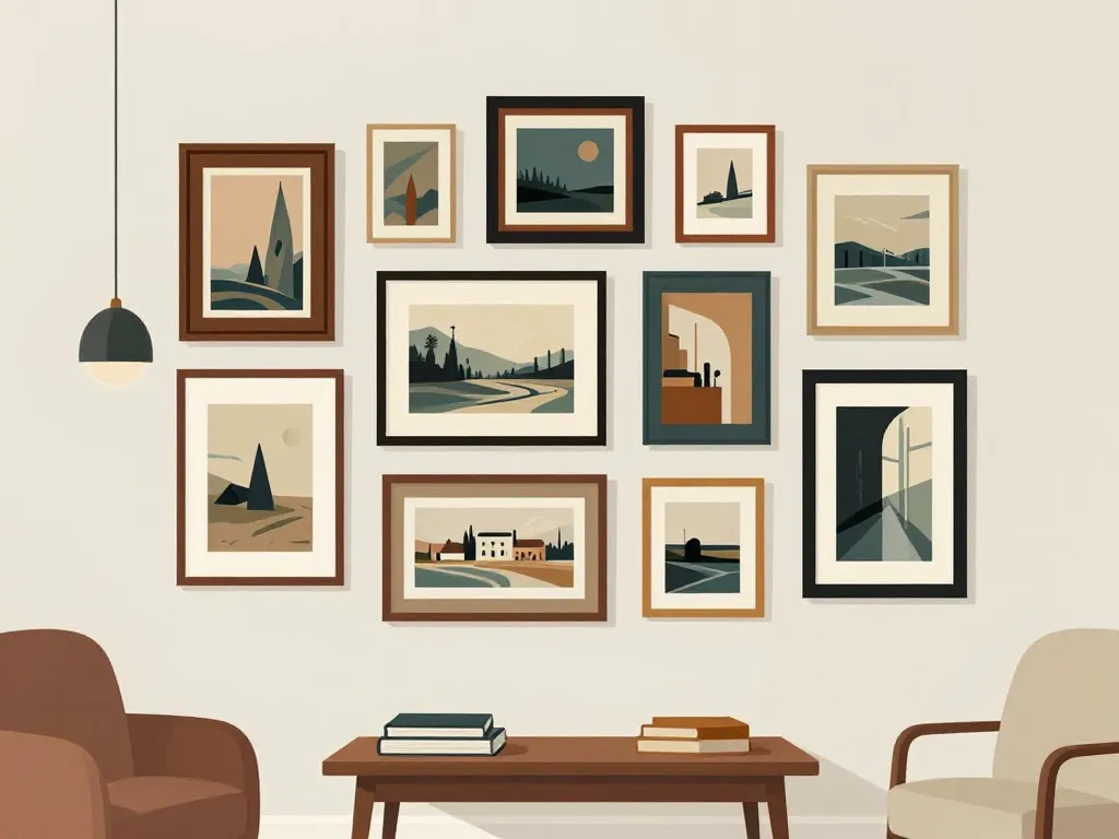 a quelle hauteur accrocher un tableau, composition équilibrée cadres sur mur