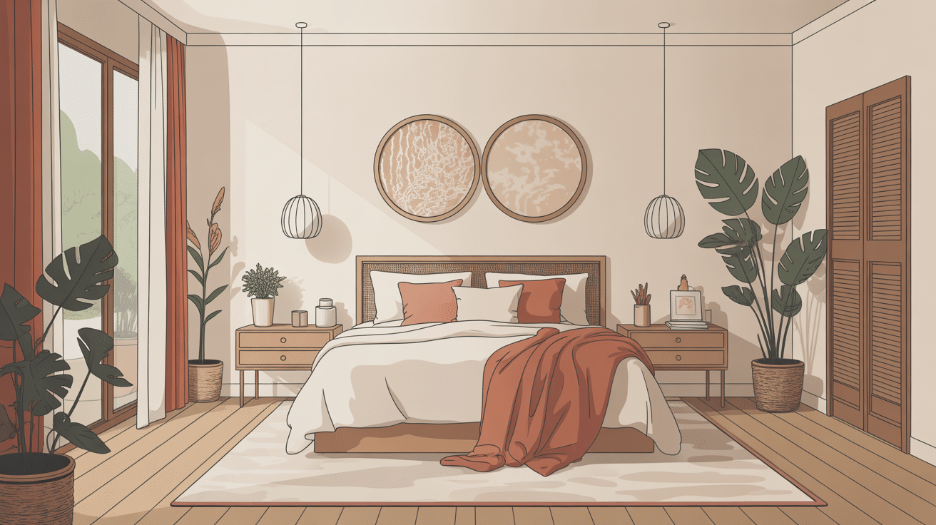 chambre feng shui illustration lit plantes couleurs douces
