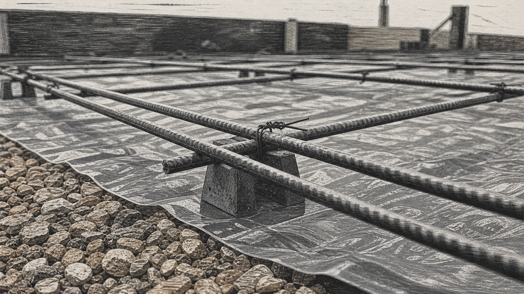 Photo dalle beton ferraillage : treillis soudé calé sur cales