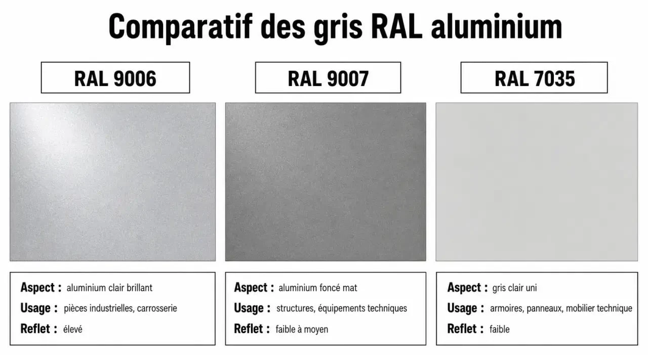 Comparatif visuel des teintes RAL 9006 gris aluminium, RAL 9007 et RAL 7035 pour aider au choix de la peinture.