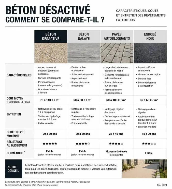 Infographie comparative des inconvénients et caractéristiques du béton désactivé pour un projet d'aménagement extérieur