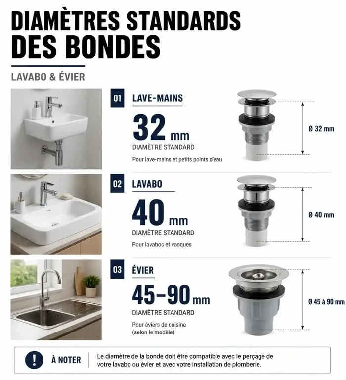 Infographie des diamètres standards pour bouchon de lavabo et évier
