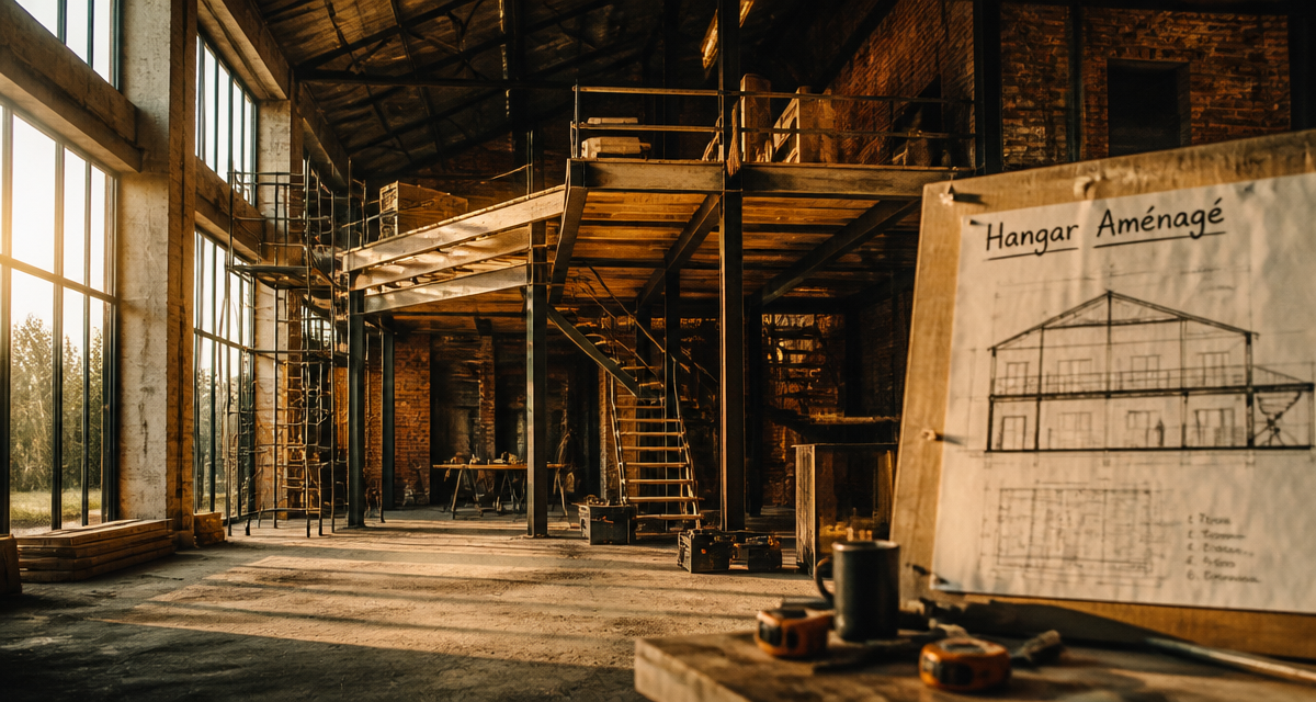 hangar aménagé en maison avec mezzanine et baies vitrées
