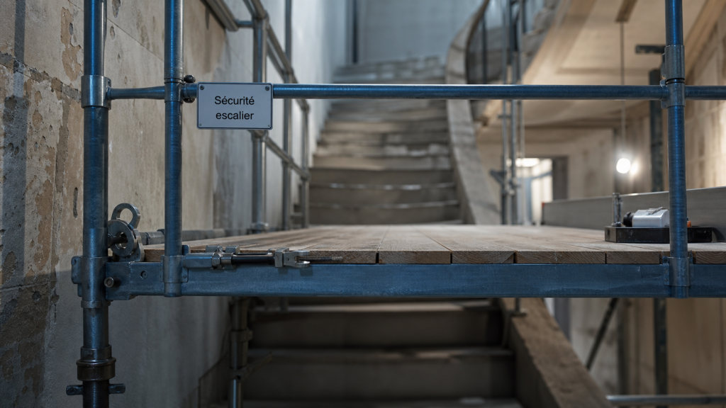 Échafaudage dans un escalier : vérins, garde-corps et réglages à ne pas négliger
